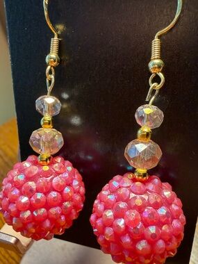 Bright Pink Crystal Drop Earrings with Gold Accents